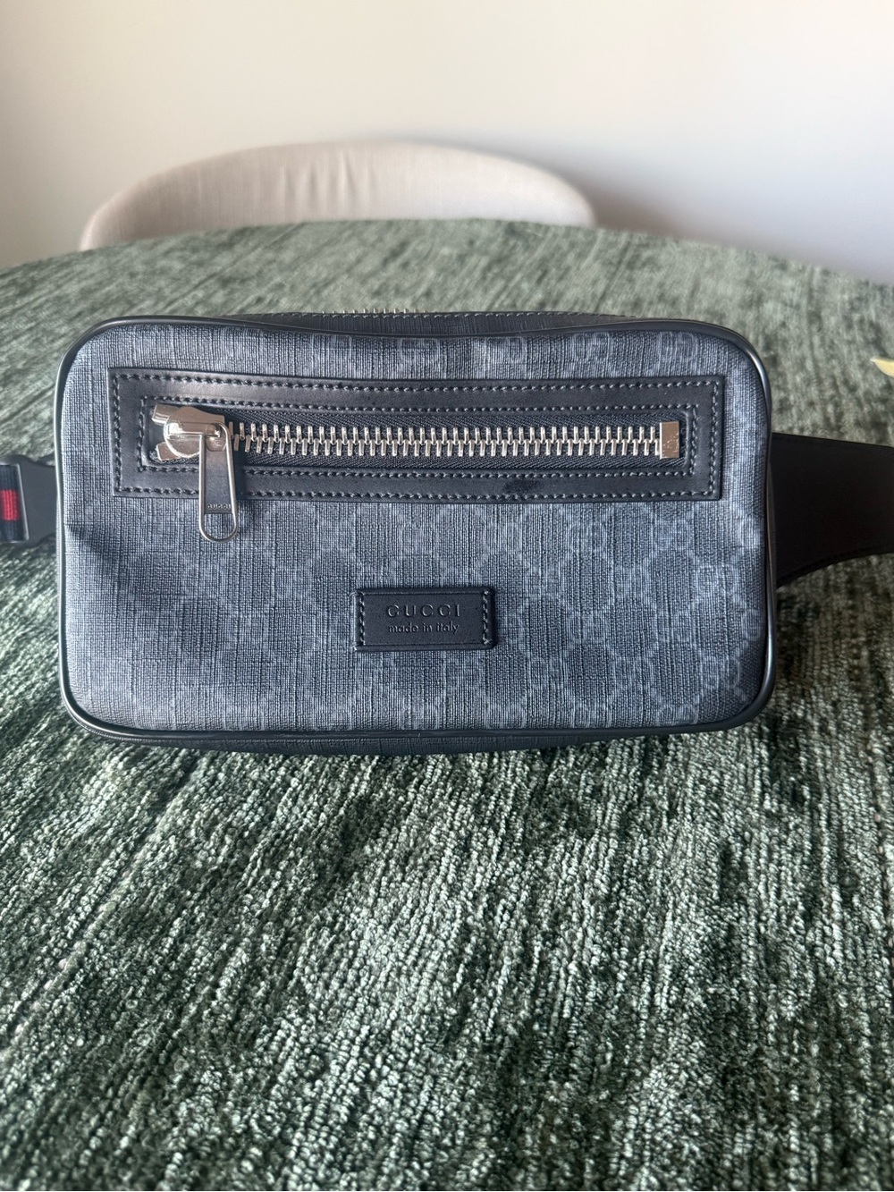 Mens Gucci Black and Gray GG Canvas Belt Bag with Silver Hardware